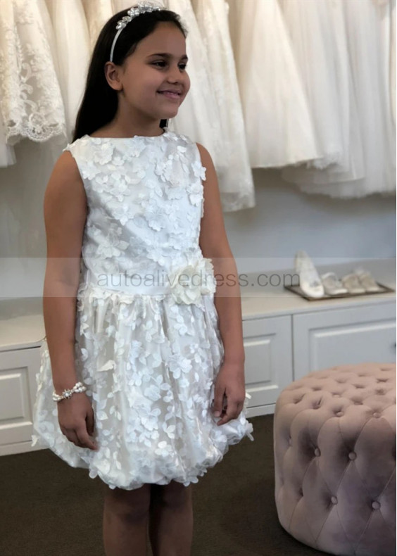 Ivory Floral Lace Knee Length Flower Girl Dress